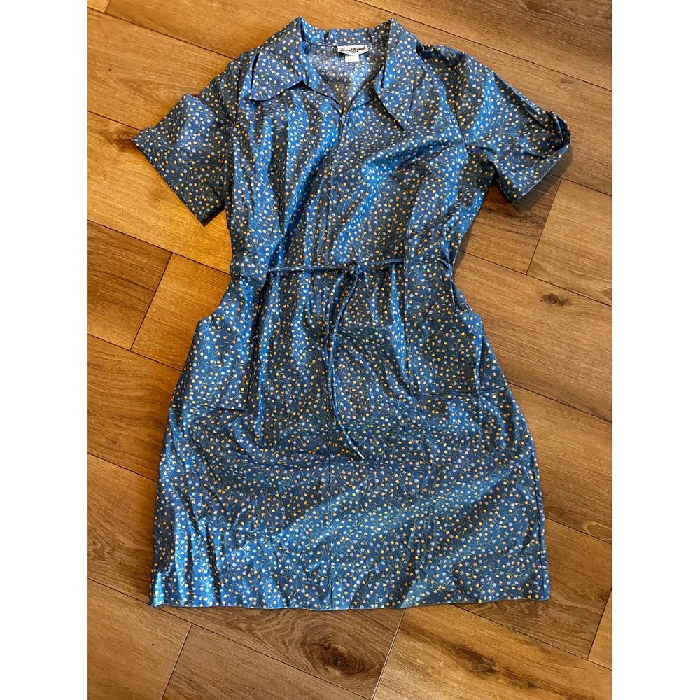 Vintage Lauren Originals Blue Floral Zip Front House Dress Size 22 1/2 USA Made